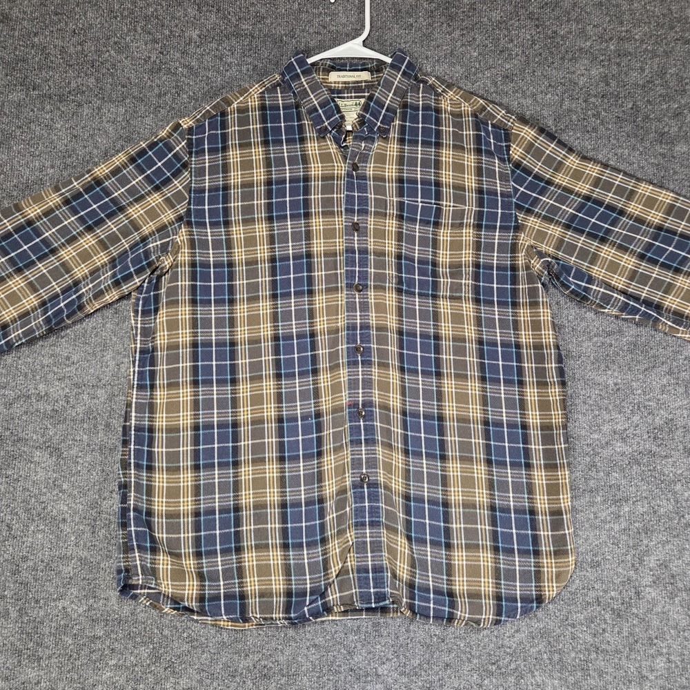 L.L. Bean Flannel Shirt Mens Large Vintage Plaid Button Down Workwear Blue Brown